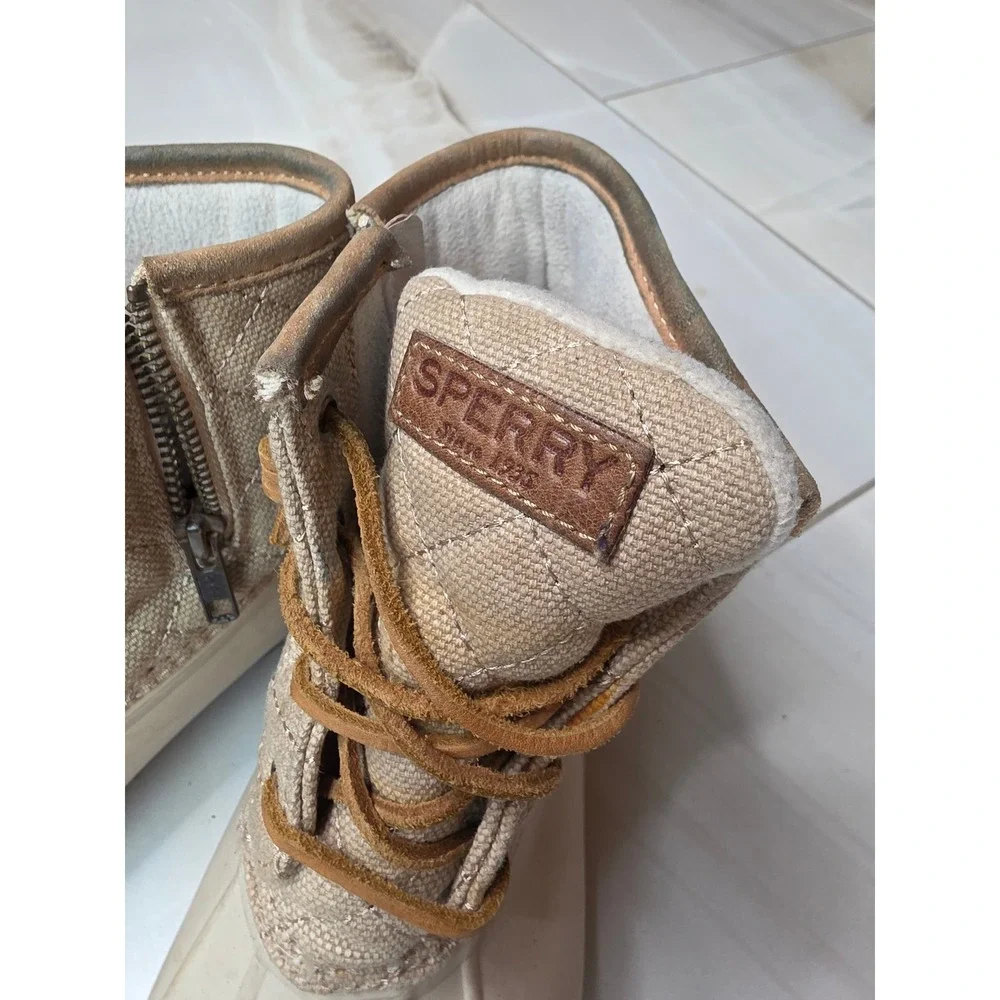 Sperry Top-Sider Saltwater Duck Boots Womens 7.5‎ Tan Quilted Canvas STS99071 A2